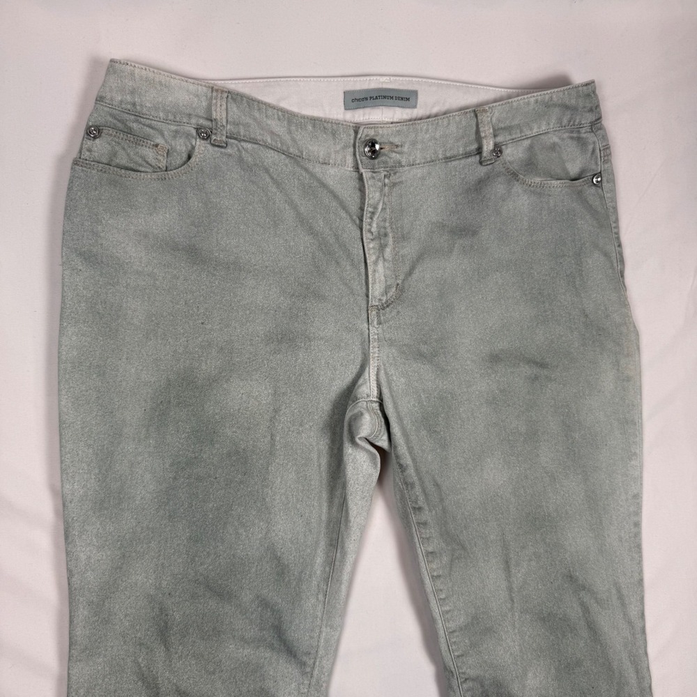 Chicos Platinum Denim Sage Green Blue Straight Leg Jeans Size 2.5 Reg